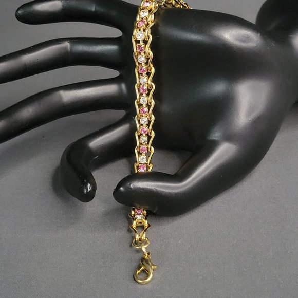 Unbranded Jewelry - Womens Gold Tone Pink Clear Crystal Caged Tennis Fashion Bracelet 6 1/2 in
